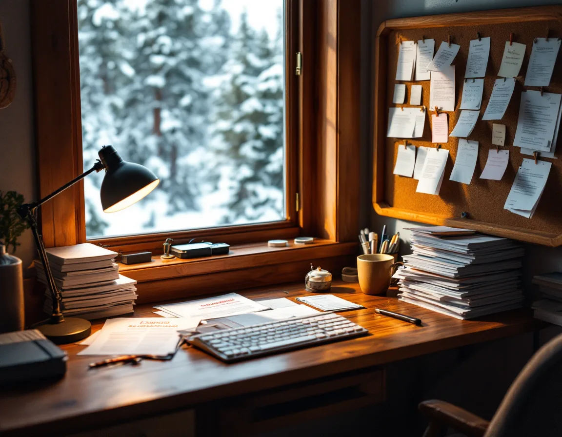 A cabin workspace with edited whitepaper stacks, a pinned editorial calendar, and warm lamp light.