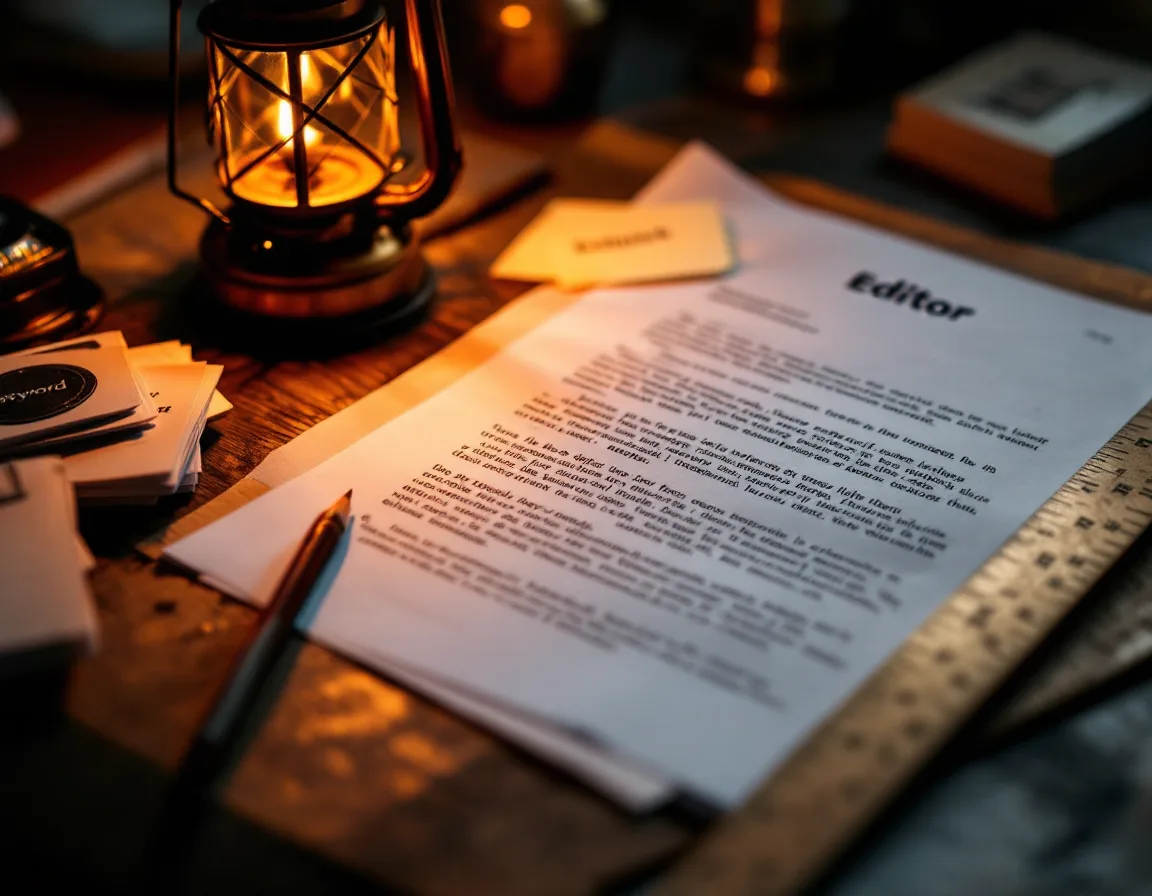 A marked-up article draft under warm lamplight, red pencil edits and keyword notecards beside a brass lantern.